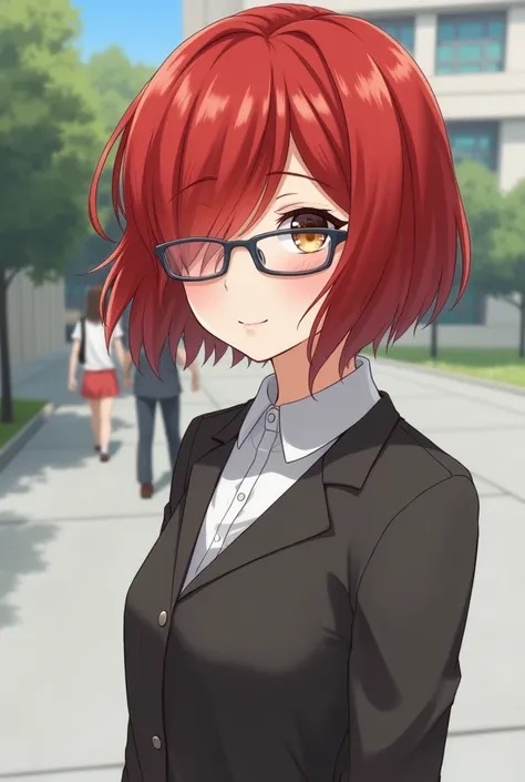 A girl,redhead,short hair,covers one eye,He wears grey eyeglasses with a UA student outfit