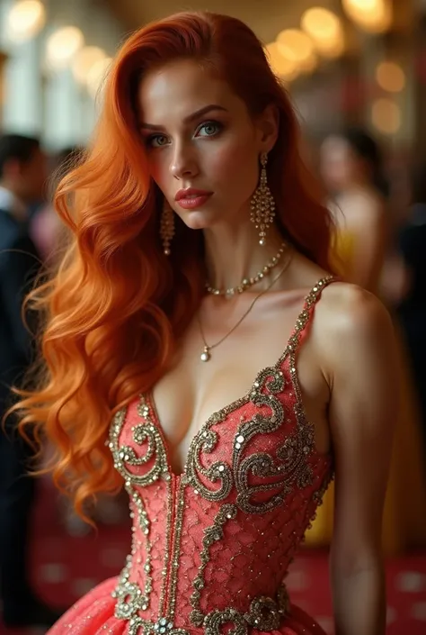 a long-haired redhead woman in a party dress