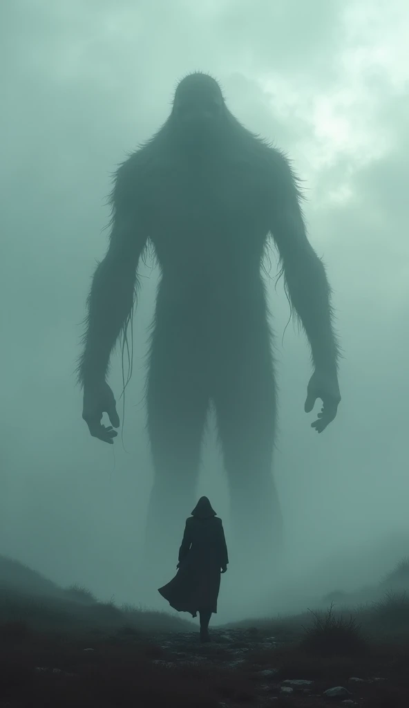 Gigantic mysterious  figure walking across a plain in the distance amid fog, haze, haze, dark clouds, grimdark ,supense, unearthly, octan render, unreal engine , photorrealistic, hyper realism, highy detailed, high qualiy, intrincately detailed,Volumetric ...