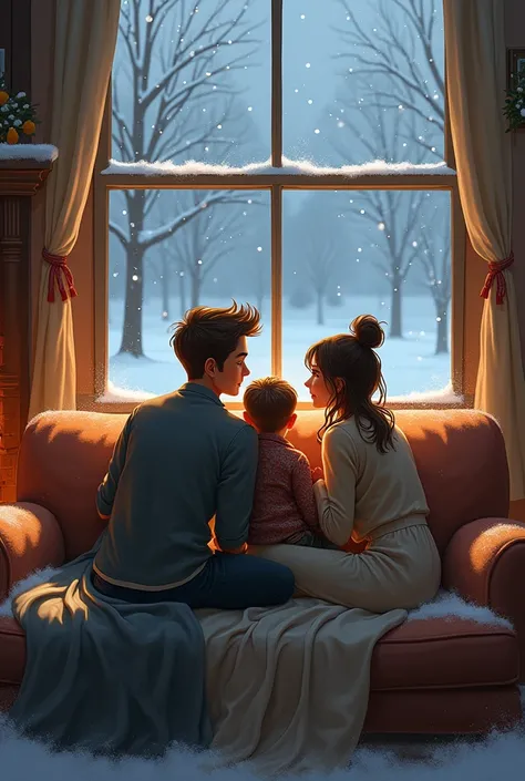 An illustrated image of a couple with a  son sitting on a sofa watching the snow falling through the window and also being illuminated by the fireplace.