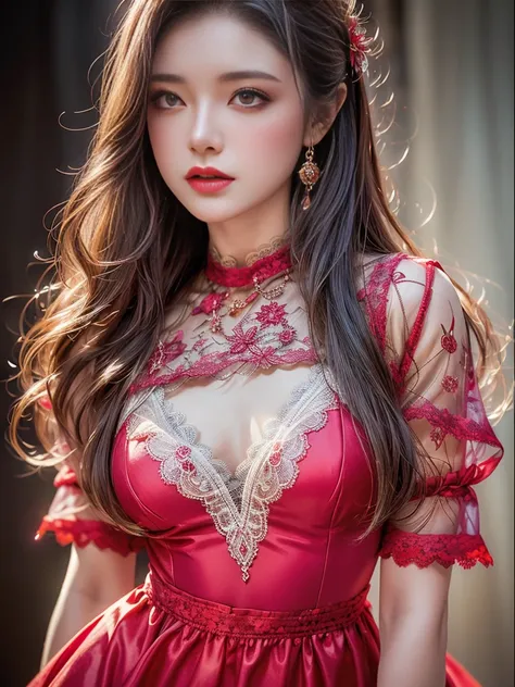 (Highest quality, High resolution, Realistic:1.2), Dramatic lighting, Oil, Detailed skin texture, long flowing hair, Elegant pose, Bright colors, Fine brushwork, Portraiture, Realistic makeup, Strong gaze, Delicate features, Complex background, Professiona...