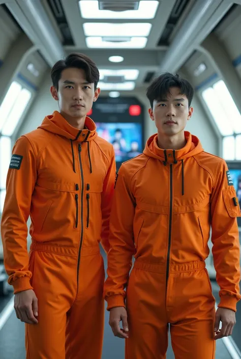 2 Asian man, bonitas. This man has modern short hair, rosto bonitas. Slim defined guy wearing an orange astronaut suit, inside a modern spaceship. 