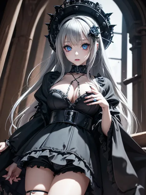  A gothic punk goth girl, perfect face, beautiful Asian woman with long White hair in White curls and coils, very cute and           beautiful girl, (highly detailed beautiful face), high detailed fingers, (wearing panties, topless), detailed face,
]cowboy...