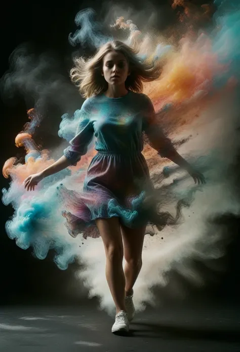 1girl, disolving into a whirl of psychedelic color, rad-dissolve, cinematic shot, walking towards viewer, looking at viewer, tripping balls, diffusion, smoke, bright colors, silhouette, backlit, double exposure