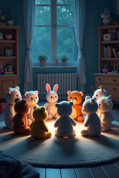 midnight,In the children&#39;s room,10 stuffed animals in a circle,In a meeting