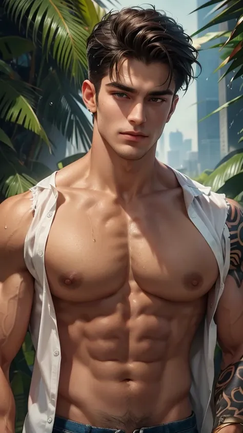 (absurdres, highres, ultra detailed, Ultra HD), a muscular handsome man, largest breast, extremely large pectorals, big nipples, detailed face, perfect facial features, smooth skin, beautiful, gorgeous, wet, mature, perfect eyes, sexy gaze, looking at the ...