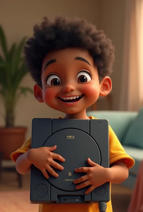 Happy dark-skinned Mexican boy hugging a play station 2