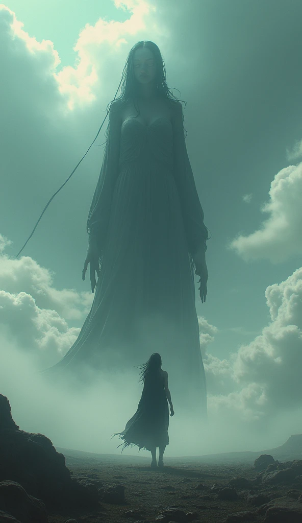 Gigantic anime girl walking across a plain in the distance amid fog, haze, haze, dark clouds, grimdark ,supense, unearthly, octan render, unreal engine , photorrealistic, hyper realism, highy detailed, high qualiy, intrincately detailed,Volumetric lighting...