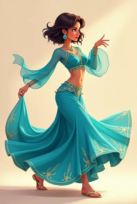 ((art animation 2D)) 20 year old woman with short wavy brown hair with dark blue dyed tips, with blue skin, Brown eyes, with good body, wearing a turquoise Arabic dancer costume, dancing 