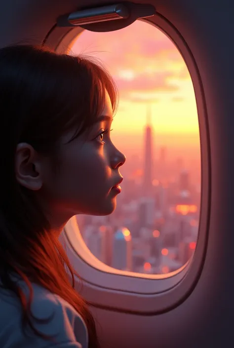 a girl excitedly looking out of an airplane window, 1girl, detailed face, beautiful detailed eyes, beautiful detailed lips, detailed facial features, airplane interior, cityscape below, sunset sky, glowing light, cinematic lighting, highly detailed, photor...