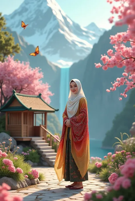 A beautiful Malay woman with beautiful eyes, wearing a white hijab and a long knitted dress and a long thick shawl with red, yellow and green batik motifs, smiling happily and standing, background scenery of ice mountains and waterfalls that flow high. pin...