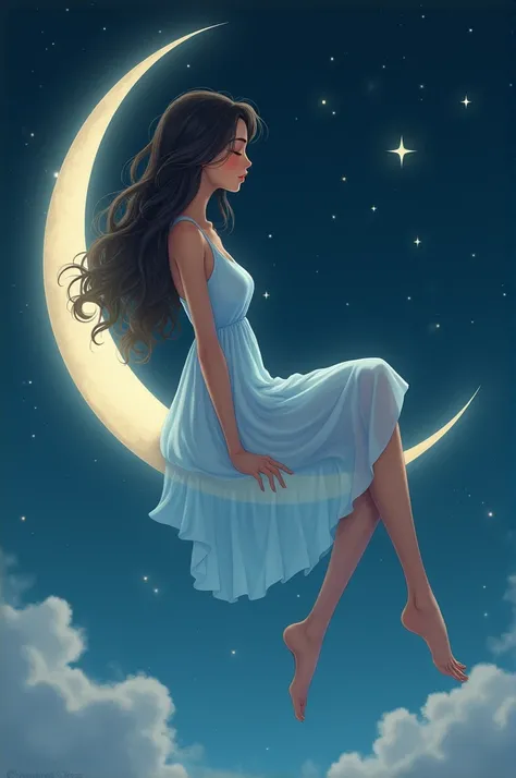 Girl with very dark brown wavy hair with closed eyes. She is on the moon, sitting on the moon which forms a crescent moon. She has her eyes closed. Her dress is very long and light blue., very light almost white. She has mixed skin. We see several stars in...