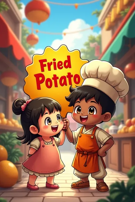 Dhoti wearing anime 
chef black boy and fat girl
 fried potato logo only logo
