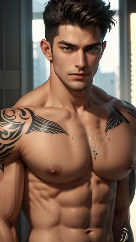 (absurdres, highres, ultra detailed, Ultra HD), a muscular handsome man, largest breast, extremely large pectorals, big nipples, detailed face, perfect facial features, smooth skin, beautiful, gorgeous, wet, mature, perfect eyes, sexy gaze, looking at the ...