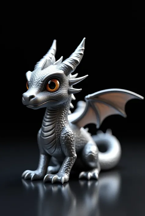 3d small silver metallic dragon against black background