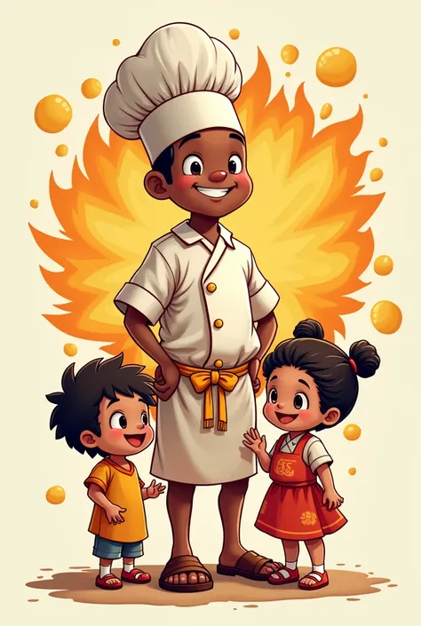 Dhoti wearing anime 
chef black boy and fat girl
 fried potato Logo
