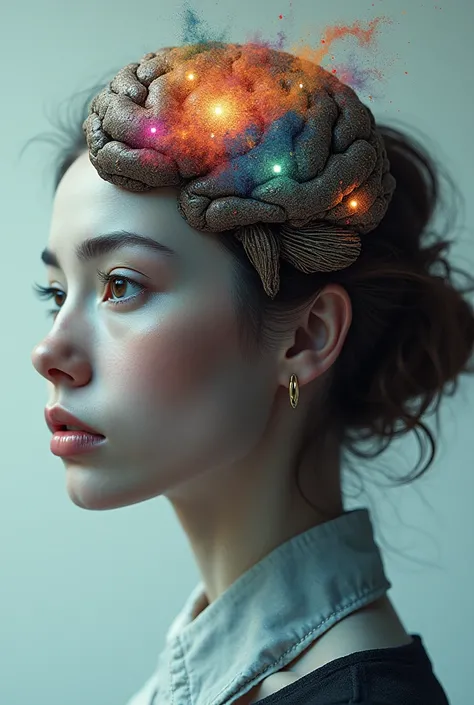 (photorealism:1.2), psychology symbol on top of a thoughtful head woman
