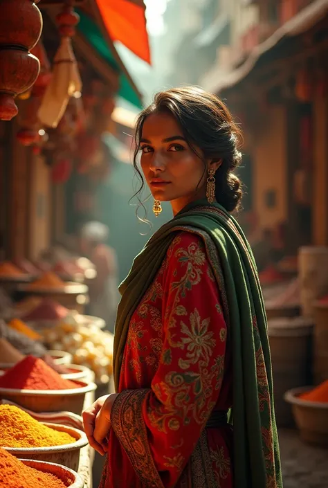 a beautiful arab woman exploring a spice market, colorful spices and fragrant aromas, vibrant colors, bustling marketplace, intricate patterns, warm lighting, detailed facial features, elegant traditional clothing, graceful pose, candid street photography,...