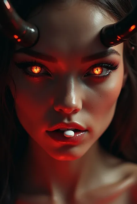 A close-up of a beautiful and sexy demon woman’s face. Her skin has a subtle reddish hue, with sharp, elegant horns emerging from her forehead. Her eyes are intense and glowing, and she has a pill delicately resting between her lips, giving her a seductive...