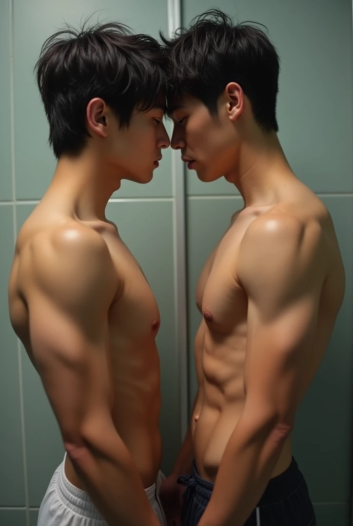 Photo Quality、3 handsome men、Mash Hair、Japanese male, 、kiss and cuddle each other, bulging crotch, Completely naked、Full nudity、erection、Huge penis、Highest quality、Realistic、beautiful、School gym、Completely naked、Blowjob