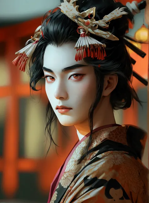 In a traditional Japanese theater, a slender young man, dressed in kabuki attire, with waist-length raven hair, pale-rosy skin, and striking brown eyes, embodies elegance and grace as he moves gracefully under the dimly lit stage.