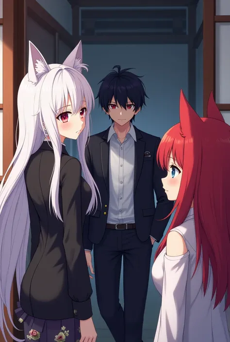 Anime boy with black hair and red eyes leaving the room with an anime woman with white long white hair cat ears anime girl with red hair cat ears watching