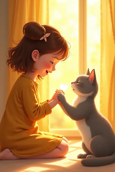 Girl holding hands and paws of light gray cat in sunny room　、I have chestnut hair　Light overflows from our joined hands　Great happy feeling　Watercolor　The overall design is classic.、The color is dark yellow　Picture book illustrations