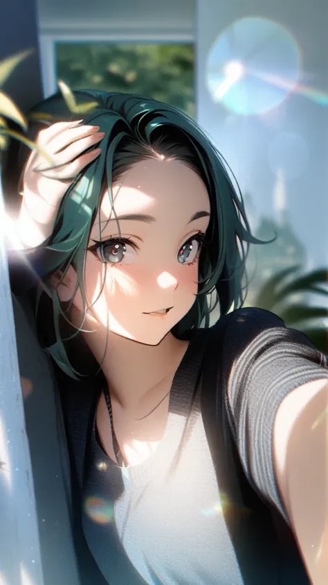 1girl,hatsune miku,blur,backlighting side lighting,sun light,lens flare, nature, vegetation, looking at viewer, masterpiece