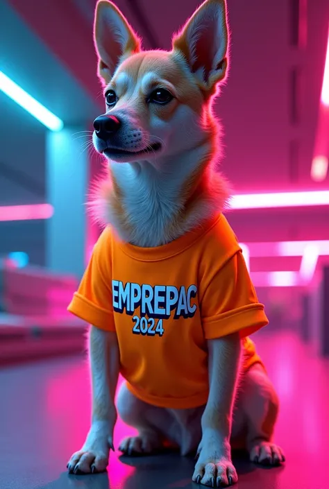 A dog with a neon-colored shirt with the word emprepac 2024 written on it