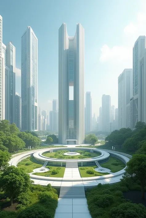 a modern city, where in the center we have a large circular garden. In the center we have a white tower, with glass and concrete, in cylindrical shape, that goes to the sky.