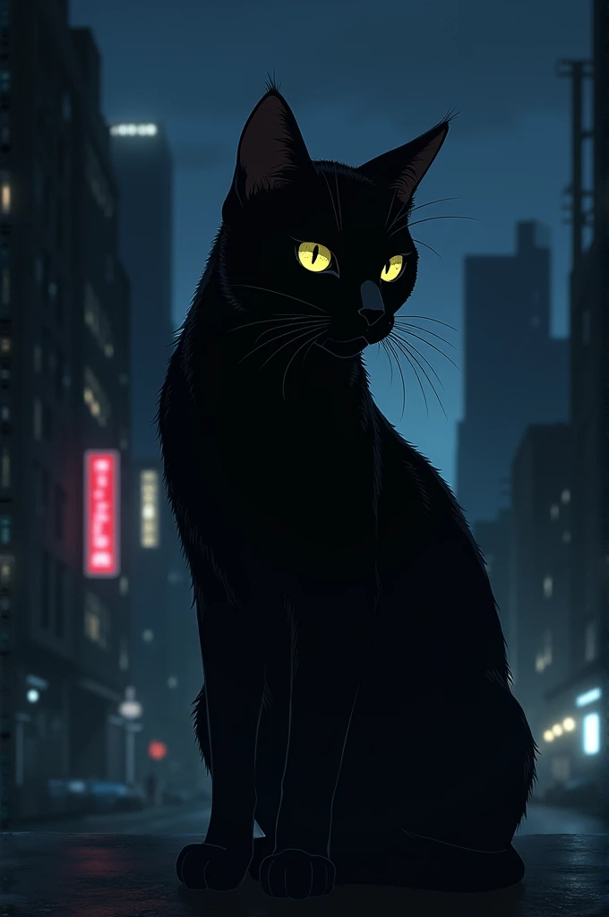 Black cat at night, dim light, anime style