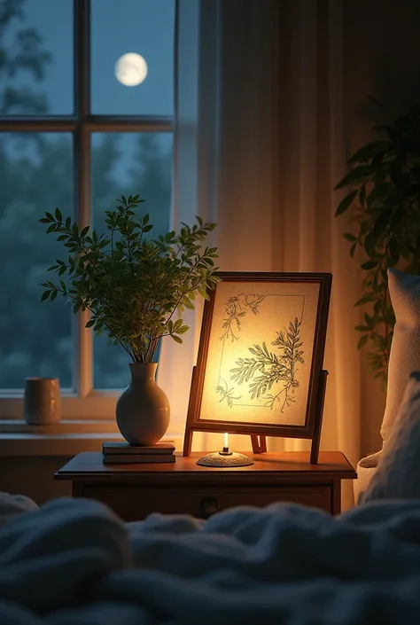 an embroidery frame on a night stand with a vase with greens
