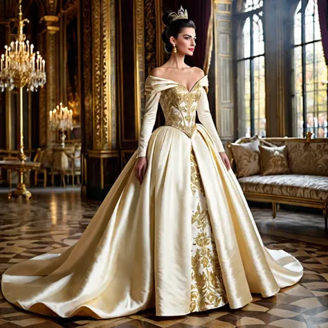 Tall and beautiful, but the beautiful queen is in her palace, her dark hair is pulled back into a bun, She is wearing a magnificent white and gold satin ball gown with an extremely wide, flowing skirt, reminiscent of Cinderella&#39;s dress, decorated with ...