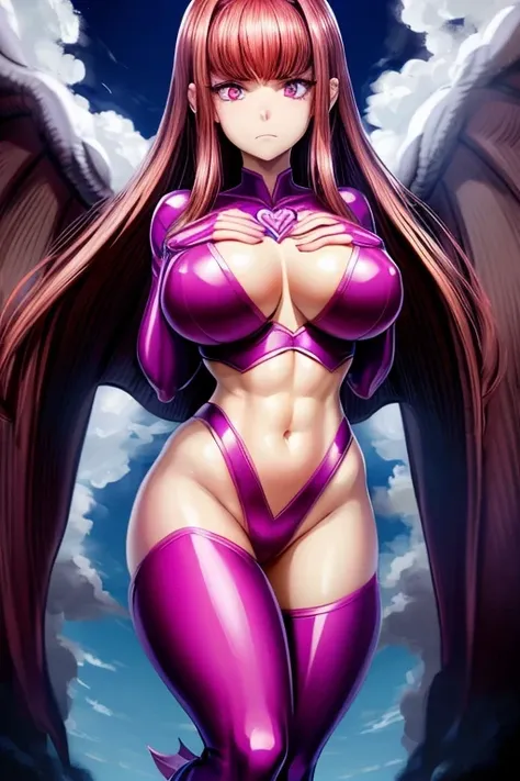 NFSW, {{{Giganteess}}}, superheroine in front of a school (with a confused and frightened expression), {{{{with a pink outfit, full body, with a heart in his chest}}}}, Red hair, pink eyes, Waist slender, wide hip, Bullish,