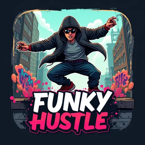 icon for my game called "Turbo Funky Hustle" a urban game about parkour and graffiti, try to put the game name on it.