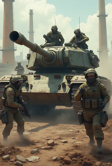 a group of soldiers ambushing a tank  in diesel punk theme