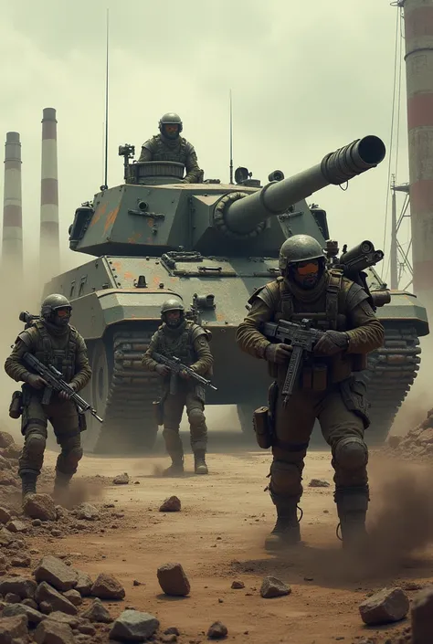 a group of soldiers ambushing a tank  in diesel punk theme