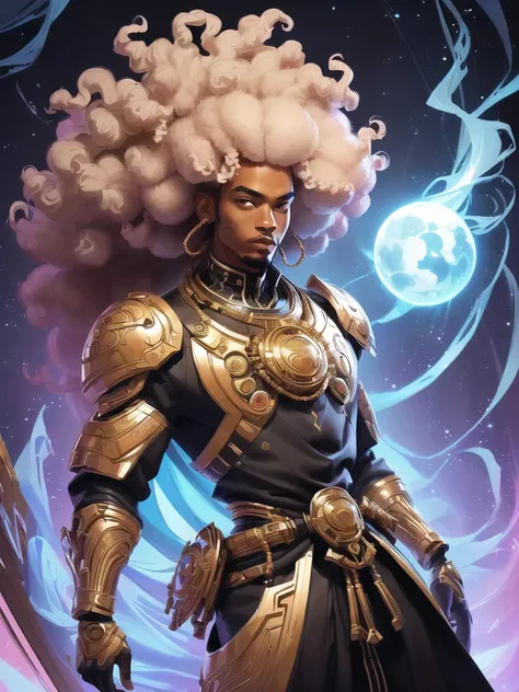 there is a man with a afro standing in a room, concept art inspired by Rajmund Kanelba, pexels, afrofuturism, afro futuristic, with afro, samurai with afro, black man with afro hair, afrofuturistic, afro futurism, afro - futurist style, afro, a black man w...