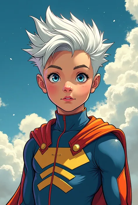 A boy of 1.60 with white hair, face and body defined in the sky comic version