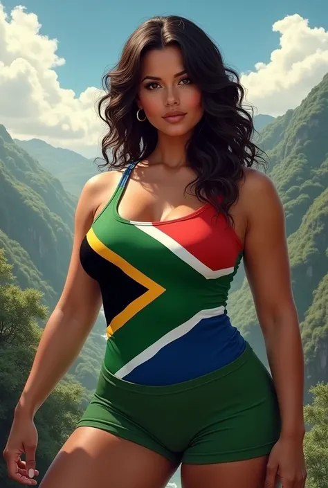 A BUSTY SIZE 11, SOUTH AFRICAN LADY IN HER SOUTH AFRICAN FLAG COLOURED TANK TOP STANDING IN CASCADING LANDSCAPE. THE IMAGE SIZE SHOULD BE   1280 x 720 pixels
