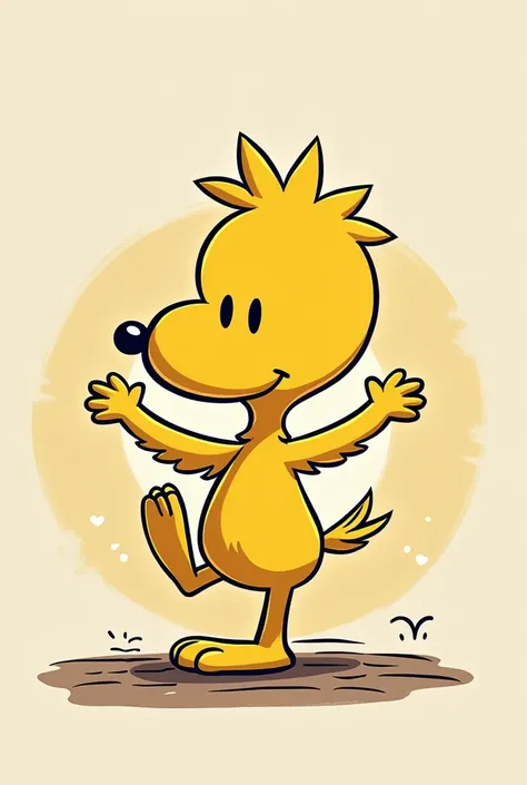 Animated design of Woodstock character, same as the fable, black outline and yellow Woodstock   , doing yoga with a namaste background , make the head more like the character in the fable 