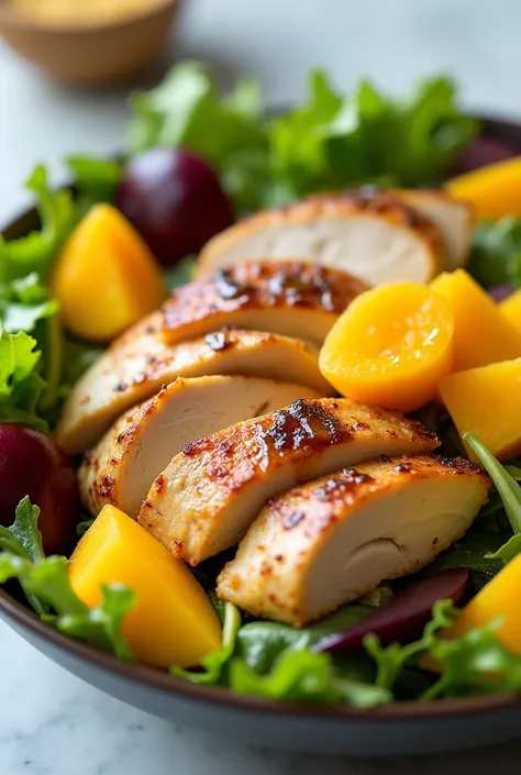 Create an image of this recipe: Chicken and Mango Salad Ingredients:

- Chicken breast: 200 g
- Mango: 1 unit (ca.. 150 g)
- Mixed salad: 100 g - Olive oil: 15 ml - Balsamic vinegar: 10 ml
- Sal: 5 g - Pepper: 2 g Preparation:

1. Cook the chicken breast o...