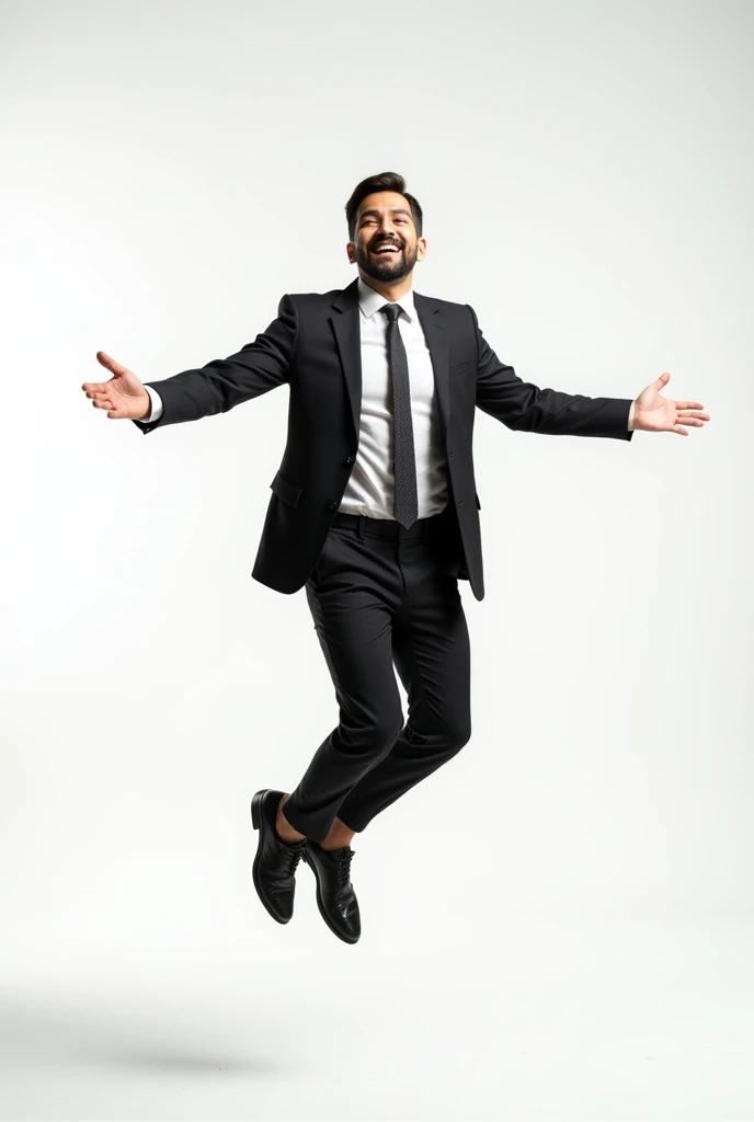 Man wearing suit and tie floating lightly, full body, profiled, smiling surprised face, white background