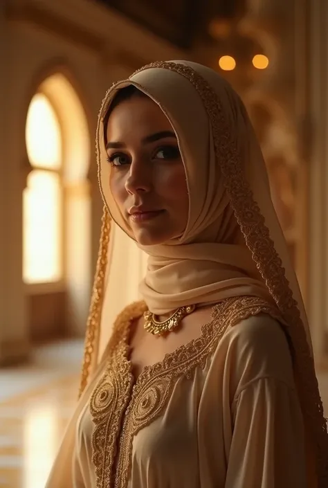 (best quality, 4k, 8k, highres, masterpiece: 1.2): A breathtakingly beautiful Muslim woman in a grand palace, wearing an elegant royal gown. Her face is fully veiled except for her stunning features, which are softly lit by a golden light streaming through...