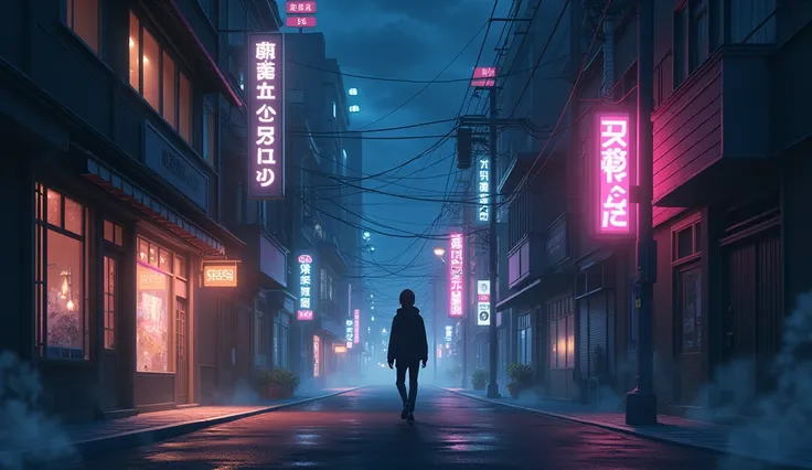 Create a high-quality anime-style scene of a quiet city street at night, with glowing neon signs and dim streetlights. The scene should include a person walking with headphones on, immersed in the cityscape. Capture the calm, reflective mood with detailed ...