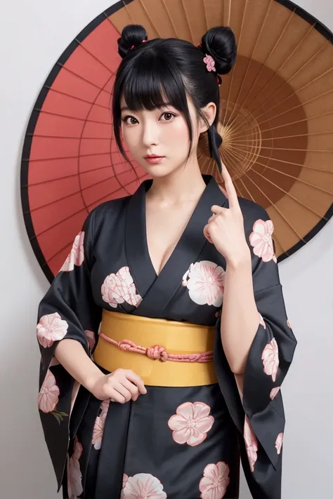 Japanese woman, perfect body, wide hips, small waist, big breasts, kimono, bun hairstyle, black hair, love eyes (no errors or deformations)