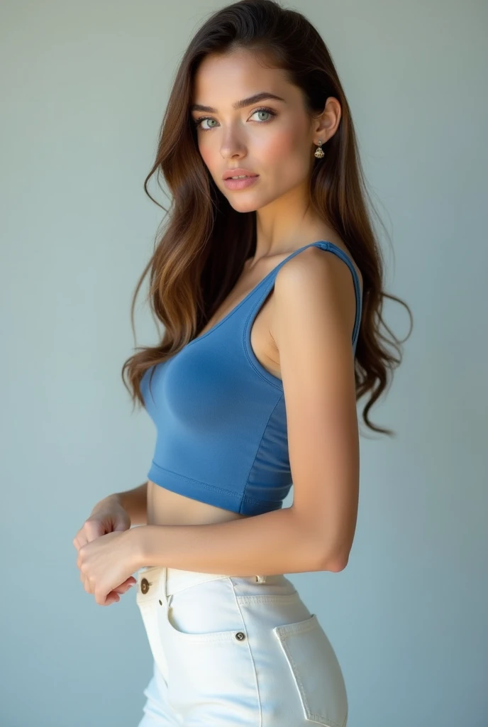 [profile photo], professional, (4k image: 1.1), (sharp focus: 1.3), very detailed, young, detailed, perfect mouth, blue eyes, straight brown hair, [blue crop top], [white skirt], [ perfect hands], [wide hips], [beautiful natural breasts], model, attractive