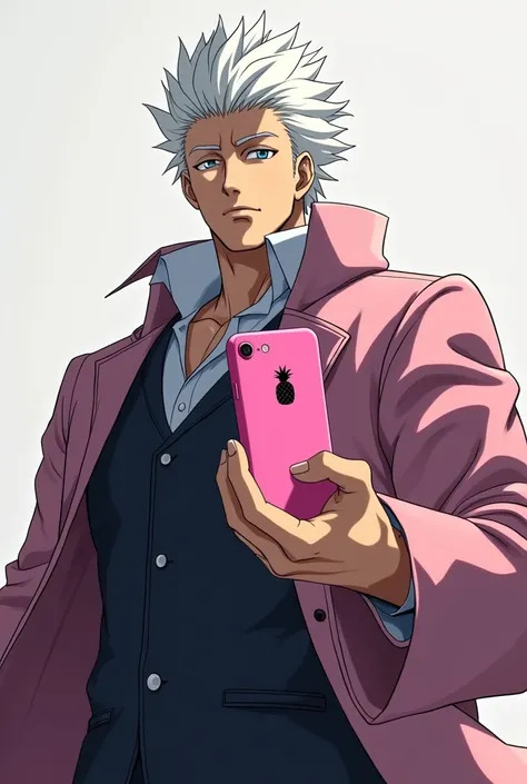 adult and muscular satoru gojo from jujutsu kaisen holding an iphone but his logo is a small black pineapple on the back of the phone and the iphone is pink 