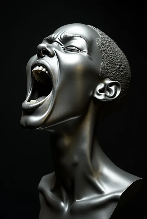 3d silver metallic screaming african female head sculpture floating against a pitch black background extremely detailed and textured