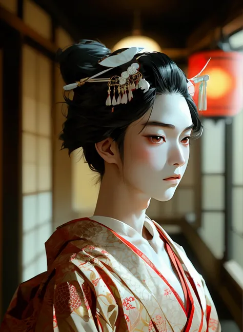 In a traditional Japanese theater, a slender young man, dressed in kabuki attire, with waist-length raven hair, pale-rosy skin, and striking brown eyes, embodies elegance and grace as he moves gracefully under the dimly lit stage.